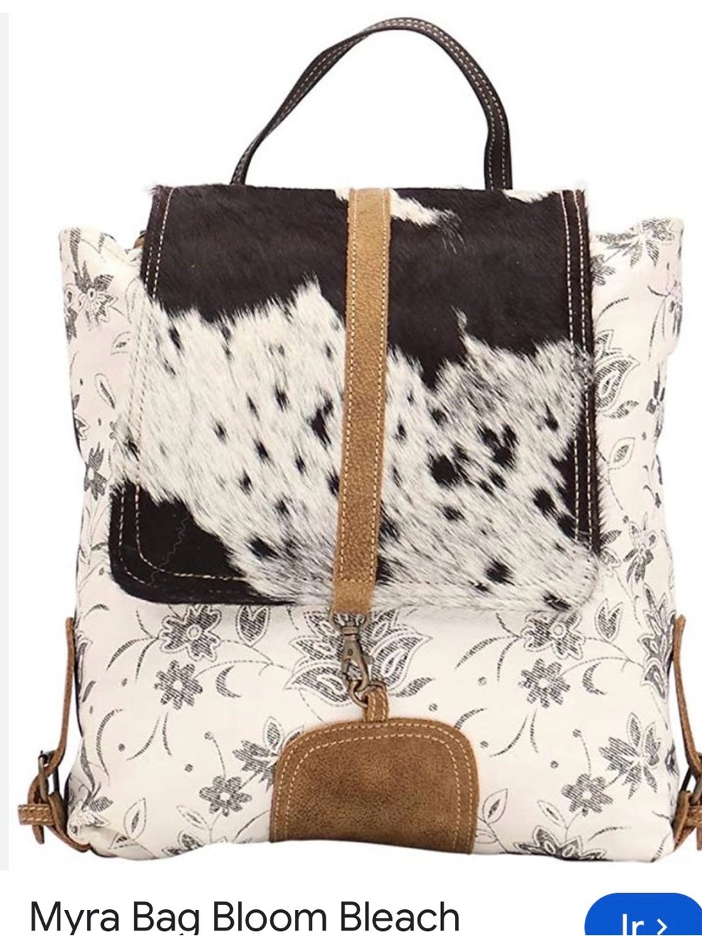 Myra Bag Bloom Bleach Floral Canvas & Black White Cowhide Backpack